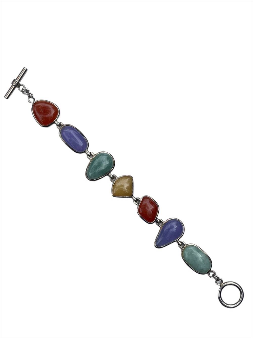 Vintage Sterling Silver Multicolor Jade Bracelet 26 grams
